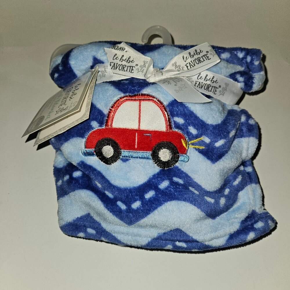 NEW Le Bebe Favorite Blue Fleece Baby Blanket Roads Red Car 30" x 40"